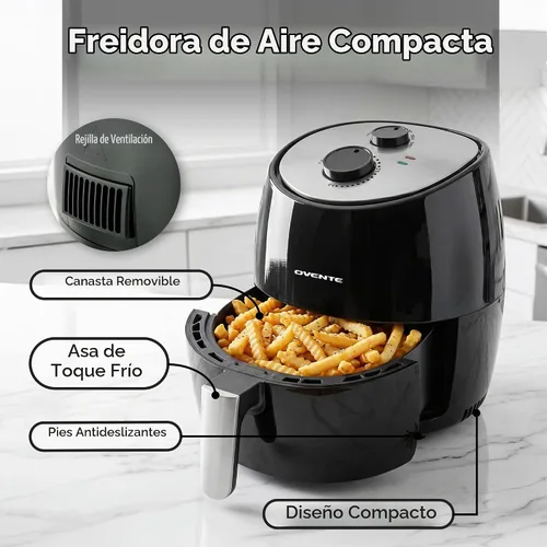 Vista 4 de OVENTE Freidora de aire compacta para una cocción saludable y sin aceite, cesta antiadherente de 3.2 cuartos de galón y apta para lavavajillas
