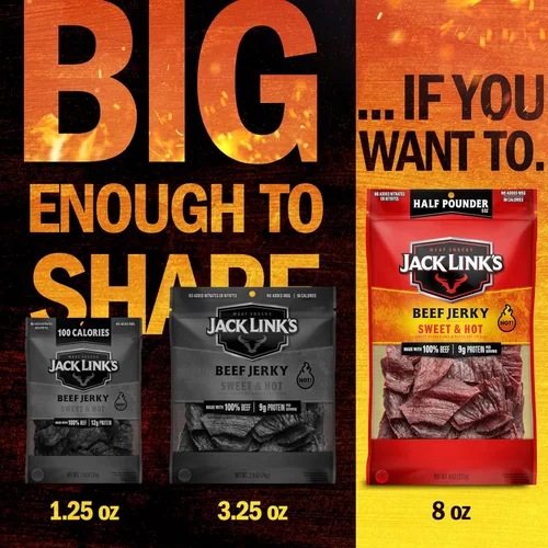 Vista 6 de Jack Link's carne de res Jerky, dulce & caliente, ½ libra, bocadillo de carne sabrosa, 0.32 onzas de proteína y 80 calorías, fabricado con carne