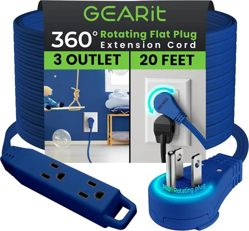 Vista 44 de GEARit Cable de extensión de enchufe plano giratorio de 360° de 3 pies, cable de alimentación de perfil bajo de 3 salidas, ahorro de espacio