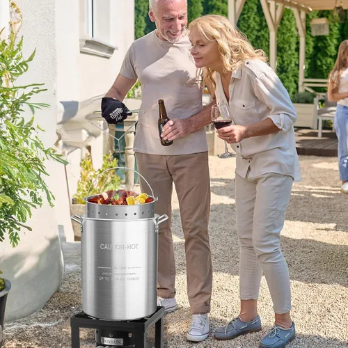 Vista 7 de Bonnlo olla de stock de aluminio de 30 cuartos para hervir mariscos, cangrejos y camarones, freír pavo y cocinar tamales al vapor, olla grande