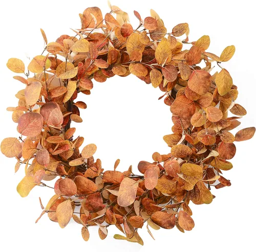 Vista 14 de YNYLCHMX - Corona de otoño de 20 pulgadas para puerta delantera, eucalipto y decoración de sorgo Hojas de eucalipto artificiales y sorgo