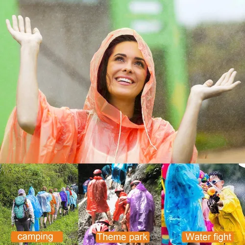 Vista 7 de Ponchos para adultos, ponchos de lluvia desechables multicolor para camping, senderismo, viajes, mochileros, paquete de 4