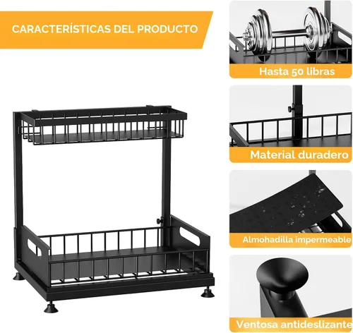 Vista 7 de Saydear Organizador de almacenamiento para debajo del fregadero, organizador de armario de cocina extraíble de 2 niveles con cajón deslizante, Negro