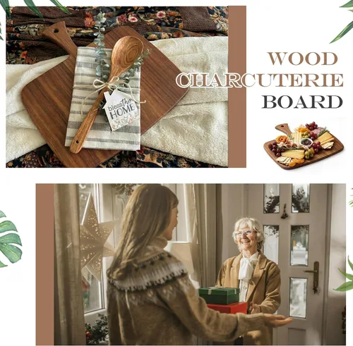 Vista 6 de Nuenen Tabla de cortar de madera con mango de 12 x 11 x 0.47 pulgadas, tablas de cortar de madera de bambú de acacia para cocina, pizza, pan, queso