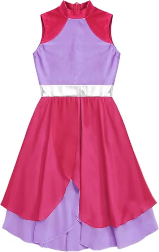 Vista 5 de Vestido de baile lírico de alabanza con dobladillo envuelto en niveles sin mangas con bloques de color para niñas