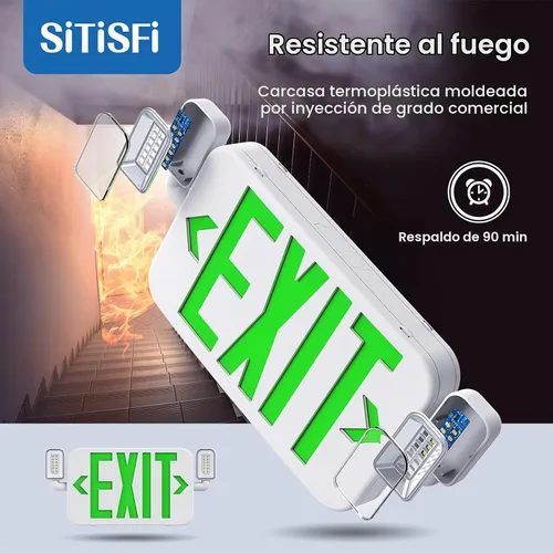 Vista 3 de Luz LED combinada de salida de emergencia con dos luces principales ajustables y batería de respaldo, iluminación de salida de emergencia comercial