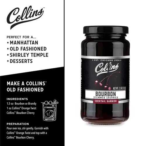 Vista 3 de Collins Bourbon Cocktail Cherries - Aderezo para bebidas para cócteles Manhattan o Old Fashioned y postres, hecho con whisky galardonado, frasco