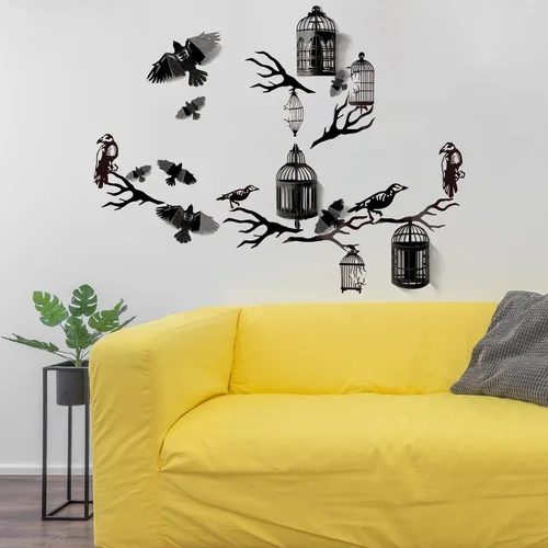 Vista 5 de Cheerland Juego de calcomanías de pared de jaula de cuervo negro con purpurina 3D autoadhesivas, juego de calcomanías despegables para decoraciones