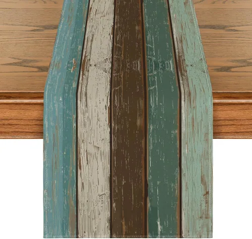 Vista 8 de Artoid Mode Camino de mesa marrón retro con textura de madera rústica, decoración de mesa de comedor de primavera de temporada para decoración
