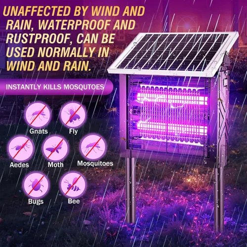 Vista 4 de 2 piezas de exterminador solar de insectos para exteriores con panel giratorio, 3000 V eléctrico matamoscas impermeable, 200 W de doble tubo