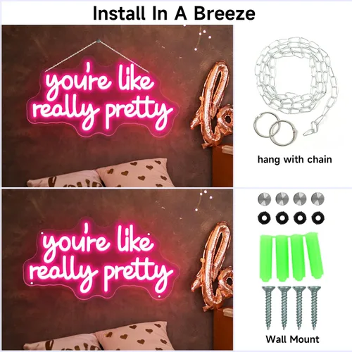 Vista 5 de Letrero de neón con texto en inglés "You're Like Really Pretty Neon", luces de neón rosas para dormitorio, regulables, para decoración de pared