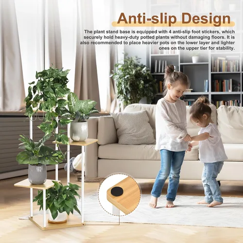 Vista 5 de Soporte para plantas de 4 niveles para interiores y exteriores, estante de esquina de metal de madera, múltiples estantes para macetas, estante