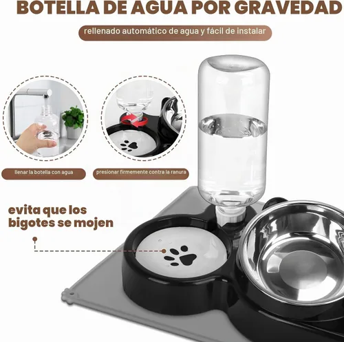Vista 4 de Juego de cuencos de comida y agua para gatos, cuencos elevados de acero inoxidable para gatos con botella de agua automática y tapete impermeable