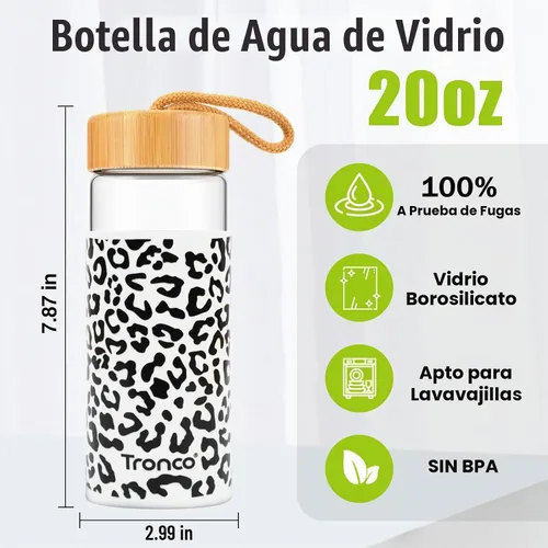 Vista 2 de Tronco Botellas de agua de vidrio de 20 onzas con tapas, botellas de vidrio de borosilicato reutilizables con tapa de bambú y funda de silicona Negro