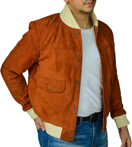 Vista 11 de Jild Varsity Style Leather Bomber Jacket Men - Chaqueta de cuero de gamuza real de moda casual MA-1 para hombre