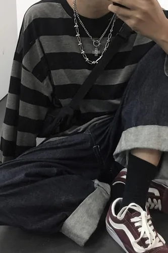 Vista 4 de Harajuku - Camiseta de manga larga con cuello redondo y rayas de gran tamaño para mujer
