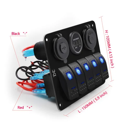 Vista 6 de FXC Interruptor basculante de barco marino impermeable, panel de aluminio de 5 segmentos con ranura USB dual 3.1A + medidor de voltios, luz LED azul