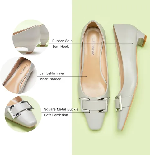 Vista 4 de C.Paravano Zapatos de tacón grueso con punta cerrada para mujer Tacones bajos de cuero Tacones bajos de punta cuadrada Zapatos de tacón de vestir