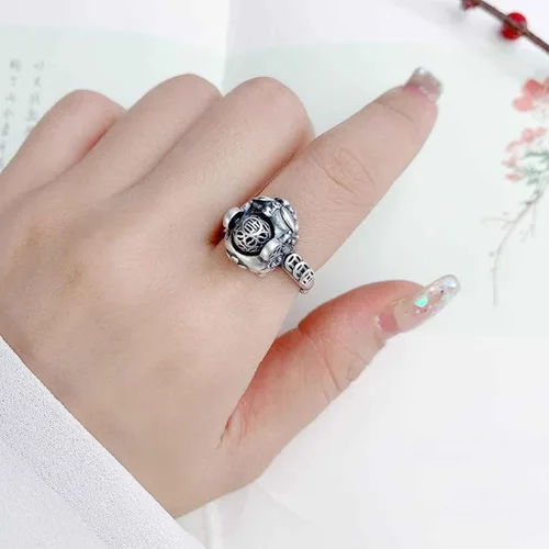 Vista 3 de Anillo ajustable antiguo antiguo de plata de ley 925 de jade natural para mujer, Plata, Jade