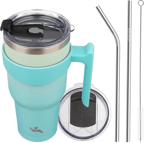 Vista 84 de Konokyo - Vaso de 10 onzas con asa y 2 popotes, 2 tapas, botella de agua aislada de acero inoxidable, taza de viaje reutilizable, color verde militar