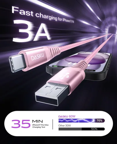 Vista 79 de Dasku iPhone 17 USB C a USB C de carga rápida, 60 W (3.1 A), paquete de 2 cables cargador de carga de 3 pies tipo C para iPhone 17/16/15/15 Plus/15