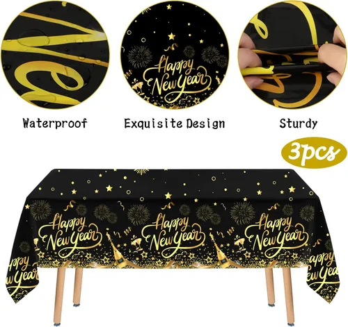 Vista 3 de HOWAF Paquete de 3 manteles de decoración de fiesta de Año Nuevo, mantel de feliz año nuevo negro y dorado para suministros de fiesta de Noticias