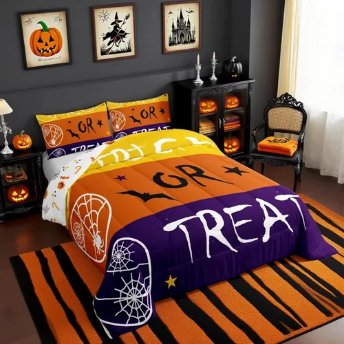 Vista 28 de Feelyou Juego de edredón de calabaza para todas las estaciones, decoración de Halloween, juego de ropa de cama con 1 funda de almohada, microfibra
