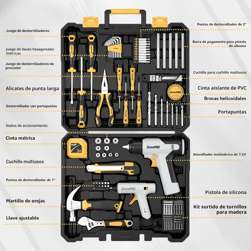 Vista 2 de GRENPRO Juego de herramientas con taladro, 188 piezas de kit de herramientas para el hogar con taladro inalámbrico, kit de herramientas manuales