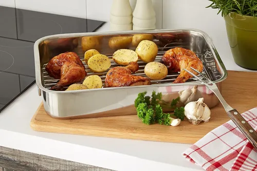 Vista 2 de KitchenCraft Recipiente para asar con estante, acero inoxidable, grande, 16.9 x 12.2 in, color plateado
