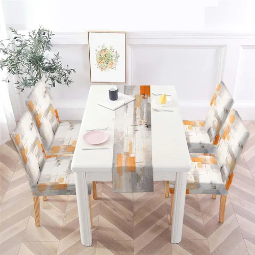 Vista 2 de MCALK Juego de 4 fundas para sillas color marrón y mantel para mesa, fundas elásticas color gris oscuro para sillas de cocina, fundas protectoras