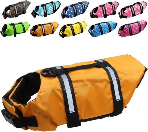 Vista 7 de Chaleco salvavidas para perros de fácil ajuste con cinturón ajustable para proteger las mascotas, traje de baño de seguridad para nadar con rayas