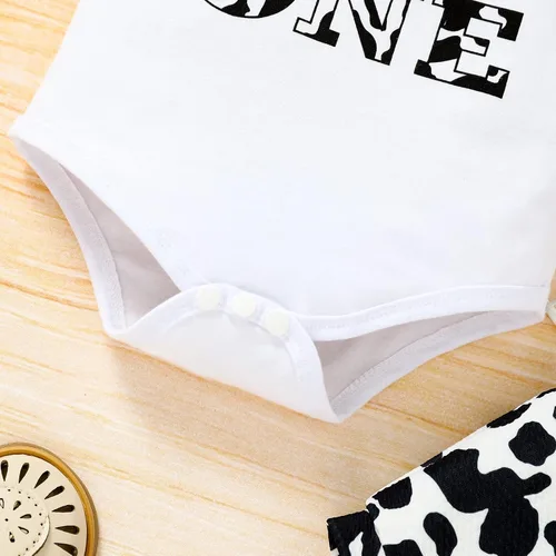 Vista 3 de Conjunto de ropa para bebé niña de 1er cumpleaños con mangas con volantes + pantalones cortos estampados + diadema para tartas
