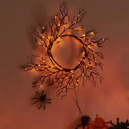 Vista 6 de Fudios Guirnalda de Halloween iluminada con 120 luces LED naranjas y moradas para manto, guirnalda negra de Halloween con luces, 8 funciones