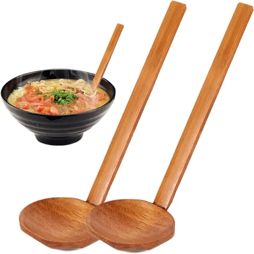 Vista 4 de Cuchara de ramen de mango largo, cuchara grande de madera para olla caliente, cucharas de sopa de concha de tortuga, 2 cucharas de ramen de mango