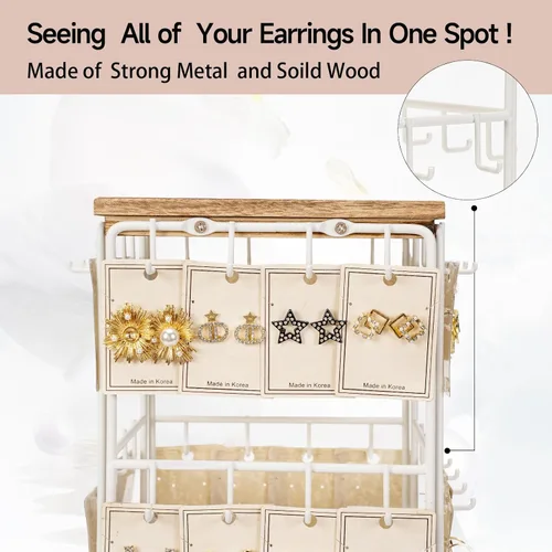 Vista 6 de Yoimori Organizador de aretes, organizador de almacenamiento de aretes con base de madera, 48 ganchos para mujeres y niñas, organizador de joyas