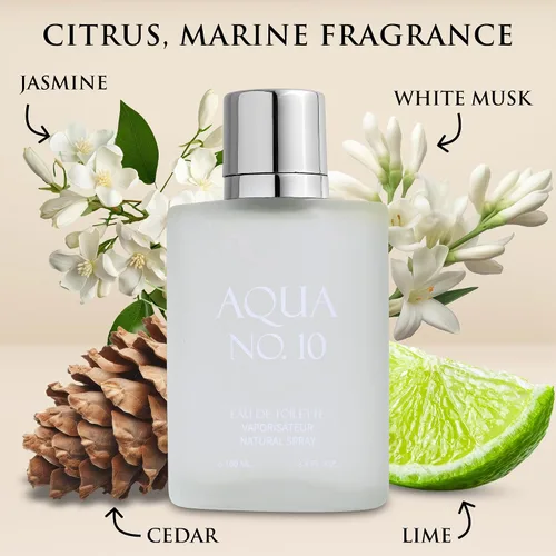 Vista 2 de Aqua No 10 Eau De Toilette para hombre, fragancia cítrica y marina, notas superiores de lima, limón, bergamota, jazmín, naranja y neroli - Notas