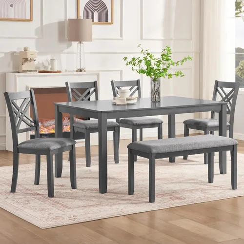 Vista 18 de LUMISOL - Juego de mesa de comedor de madera maciza con 4 sillas tapizadas y banco para cocina, comedor, sala de estar, gris plateado
