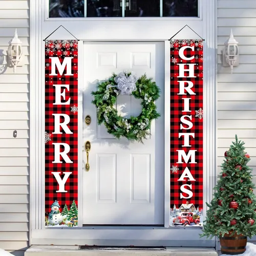 Vista 7 de Decoraciones de Navidad para patio al aire libre: cartel grande de porche delantero rojo y negro, pancarta de puerta de Navidad a cuadros de búfalo