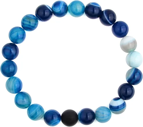 Vista 3 de Pulsera elástica con cuentas de ágata azul pulido y ónix mate para hombre (0.413 in de ancho), talla única, Microfibra, ágata azul