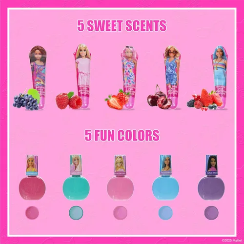 Vista 3 de Barbie - Juego de maquillaje con brillo de labios y esmalte de uñas, 11 piezas, a partir de 3 años