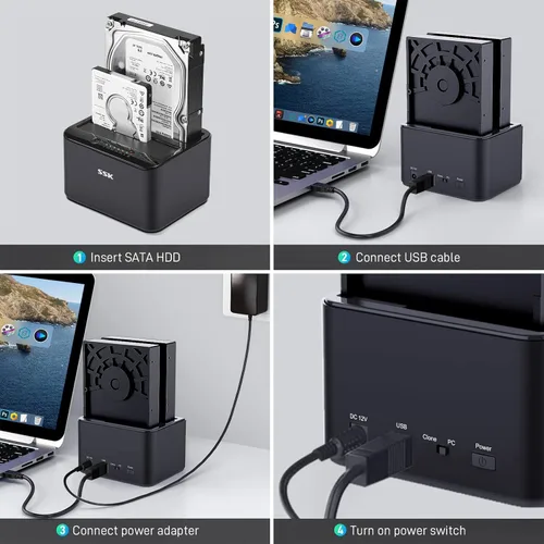 Vista 7 de SSK Estación de acoplamiento de disco duro de aluminio, USB 3.0 a SATA Dual Bay External HDD Dock Caddy Reader para 2.5 y 3.5 pulgadas SATA HDD SSD