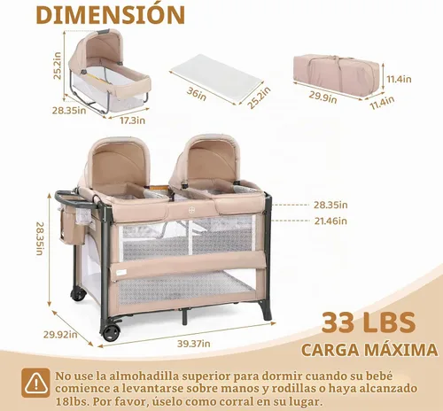 Vista 8 de JOYMOR Moisés doble para bebé, moisés de cabecera beige, convertible a moisés de cabecera y corralito, con ruedas, freno, moisés lateral plegable