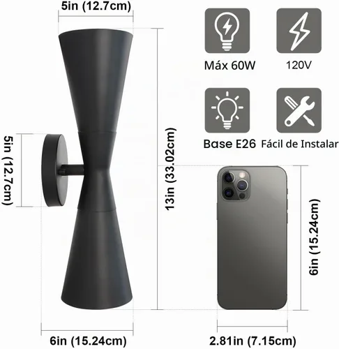 Vista 5 de Aplique de pared para baño, apliques modernos negros de 13 pulgadas, decoración de pared, accesorios de pared interiores para sala de estar