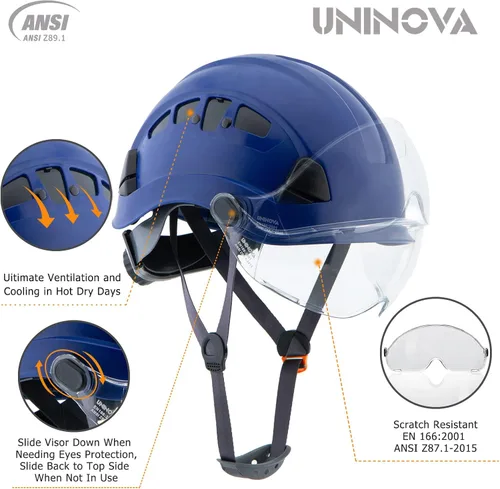 Vista 3 de Hard Hat with Visor, OSHA Approved Safety Helmet Hardhats Azul con visera transparente