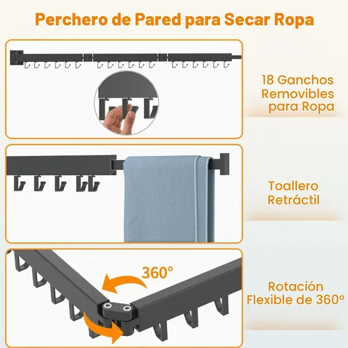 Vista 3 de Kelisiting Tendedero de Ropa de Montaje en Pared, Plegable de 2 Pliegues y Resistente, Tendedero de Lavandería para Montaje en Pared, [Sin Taladrar]