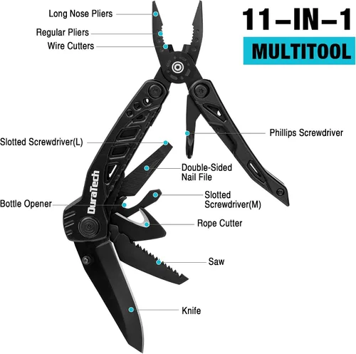 Vista 3 de DURATECH Cuchillo multiherramienta 11 en 1, regalo para hombres, papá, cuchillo de bolsillo multiherramienta de acero inoxidable con hoja grande