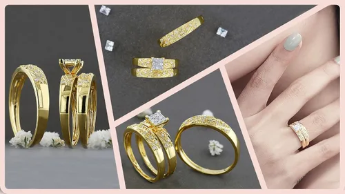 Vista 3 de Dazzlingrock Collection Juego de anillos de compromiso redondos con forma cuadrada de diamantes blancos para él y ella