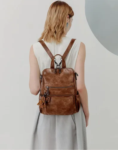 Vista 2 de UTO Mochila de cuero vegano para mujer, diseño de moda, convertible con borla, para viajes, con borla