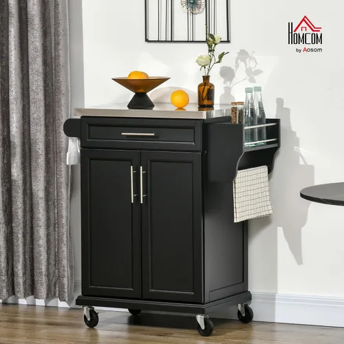 Vista 2 de HOMCOM Isla de cocina sobre ruedas, carrito de cocina rodante con encimera de acero inoxidable, cajón, toallero y estante de especias, carrito