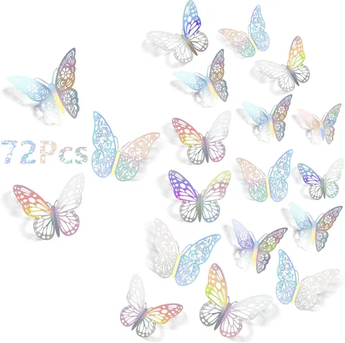 Vista 13 de Calcomanías de pared de mariposa 3D, 72 unidades, 3 tamaños, 3 estilos, calcomanías de pared metálicas extraíbles, calcomanías de pared para nevera